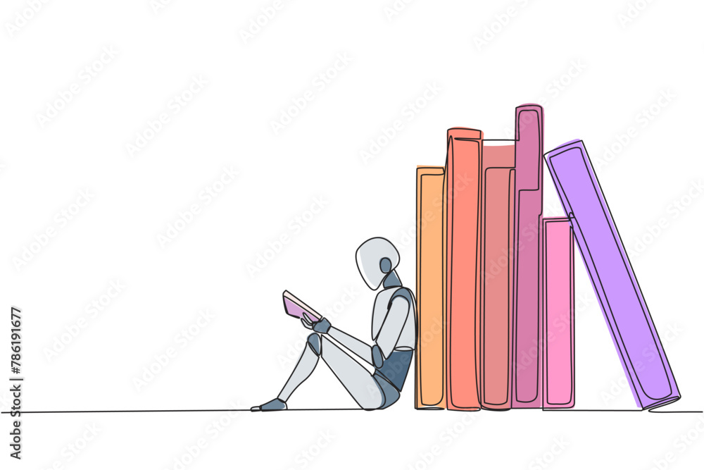 Poster single continuous line drawing robot reading sitting leaning against pile of books. habit of reading