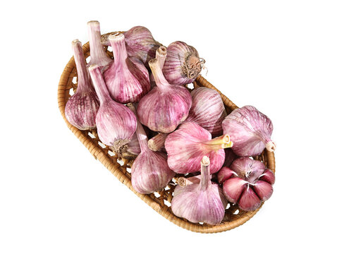 A basket of garlic on white background