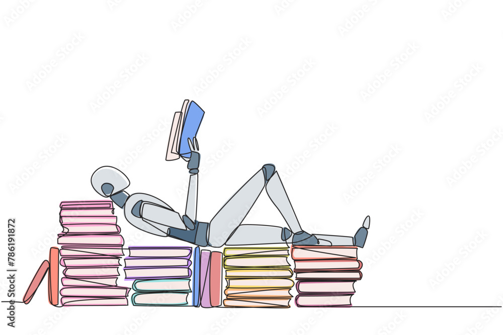 Poster single one line drawing robot lying down on a stack of books lined up. relax while reading the ficti