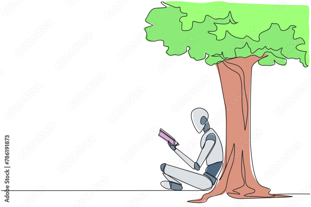 Poster continuous one line drawing robot sitting reading book under shady tree. continuing second volume of