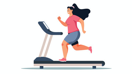 Obese young woman running on treadmill. Girl working