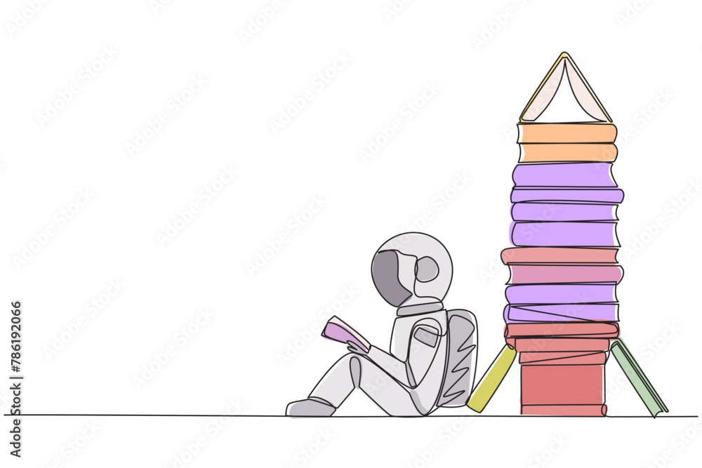 Poster continuous one line drawing astronaut sitting reading next to a pile of books shaped like rocket. re