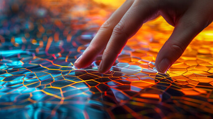 Ripples from a touch bloom into a digital mosaic, the dance of connectivity at fingertips. - obrazy, fototapety, plakaty