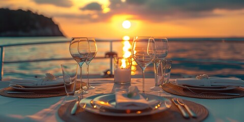Romantic dinner on yacht with a sunset view and beautiful sea scenery with a big space for text or product advertisement, Generative AI.