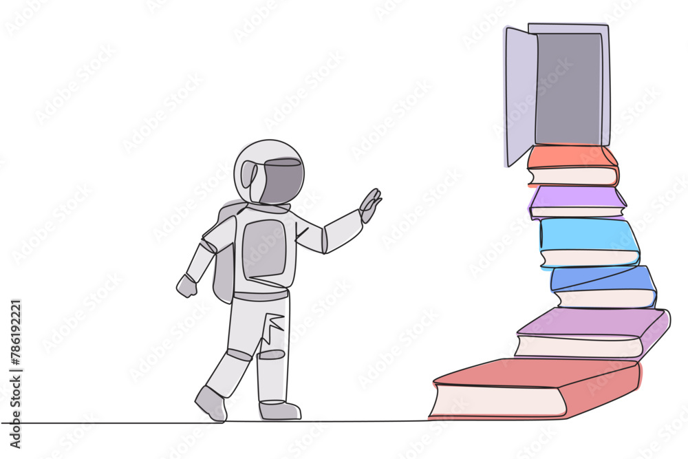 Poster single continuous line drawing astronaut climb stairs from the book stack. towards the wide open doo
