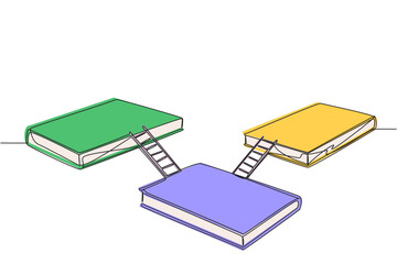 Single continuous line drawing three large books connected by stairs. Expo exhibition stage. Booth for exhibiting books. Book festival at outer space. Galaxy stage. One line design vector illustration