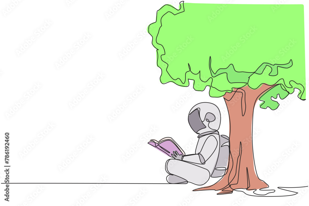 Poster single continuous line drawing astronaut sitting reading book under shady tree. continuing second vo