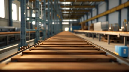 A 3D animated scene of a conveyor belt in the finishing section of the factory