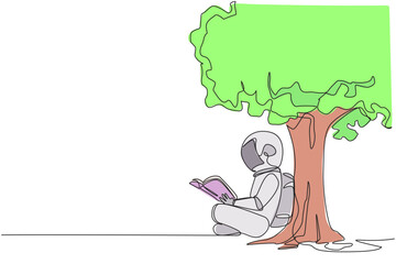 Single continuous line drawing astronaut sitting reading book under shady tree. Continuing second volume of the fiction story book. Enjoy reading. Book festival. One line design vector illustration