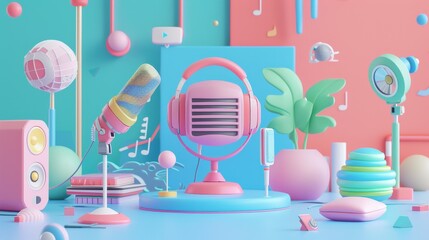 A 3D animated sequence of a podcasts evolution from initial concept sketches and early recordings to the launch of a branded website and the celebration of a milestone episode number