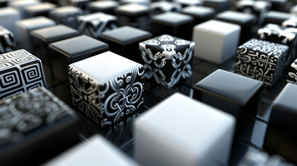 Obraz premium Black-white cubes with patterned sides, giving a 3D depth illusion.