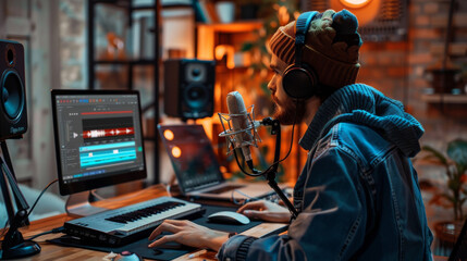Photorealistic image of a young man sitting at a desk equipped with a high-quality microphone headphones