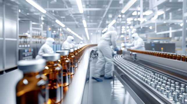 Photorealistic image of a state-of-the-art vaccine production line within a clean room environment. Technicians in sterile suits oversee the filling of vials on a conveyor belt under the bright