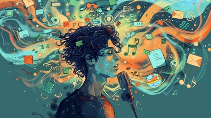 Stylized illustration of a young man surrounded by floating icons representing podcast topics (music notes world map