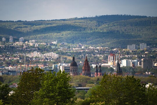 Blick von der Laubenheimer Höhe auf den Mainzer Dom, die Kuppel der Christuskirche und Stankt Peter. 