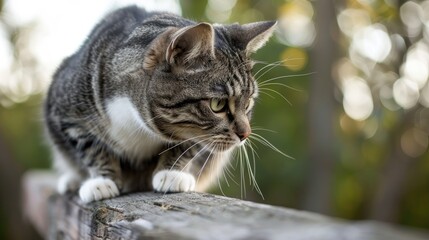 Obraz premium A gray tabby cat with white markings sitting on a wooden beam and looking down with perked ears