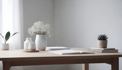 Clean Aesthetic Scandinavian style table with decorations. Zen. Spiritual	
