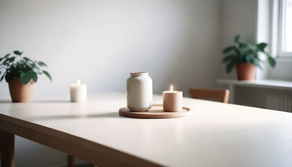 Fototapeta na wymiar Clean Aesthetic Scandinavian style table with decorations. Zen. Spiritual 