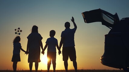 family traveling by car. family watching the sunset silhouette next to the car in the park. family holding hands play pinwheel lifestyle. people in the park. family car camping resting in nature