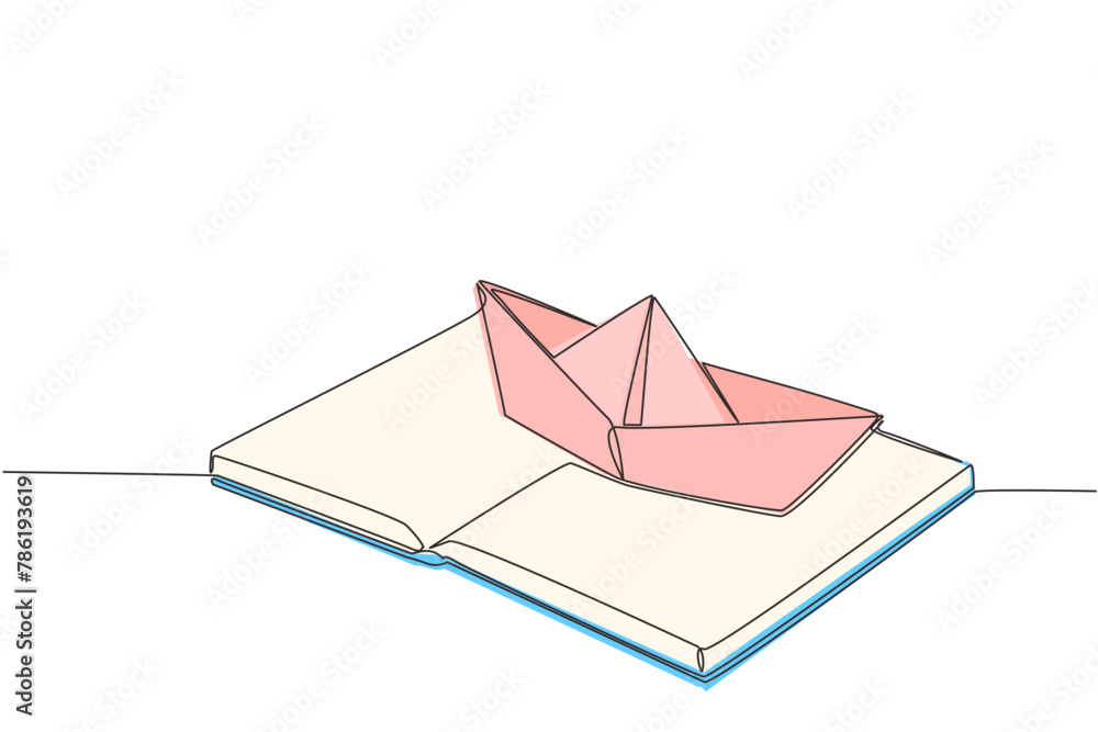 Aufkleber continuous one line drawing paper boat on top of an open book. metaphor of sailing the ocean by read