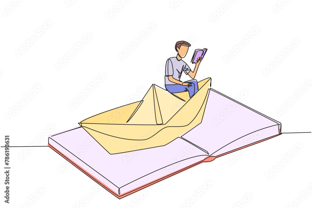 Poster continuous one line drawing man reading a book on a paper boat. maintain the good habits. the metaph