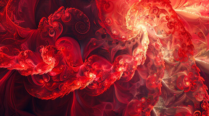 Celestial fractal dance in scarlet and vermilion, painting a dusky rose backdrop.