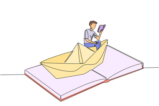 Continuous one line drawing man reading a book on a paper boat. Maintain the good habits. The metaphor of reading can explore oceans. Book festival concept. Single line draw design vector illustration