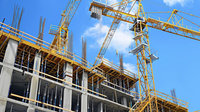 Crane Amidst Building Construction Against Blue Sky