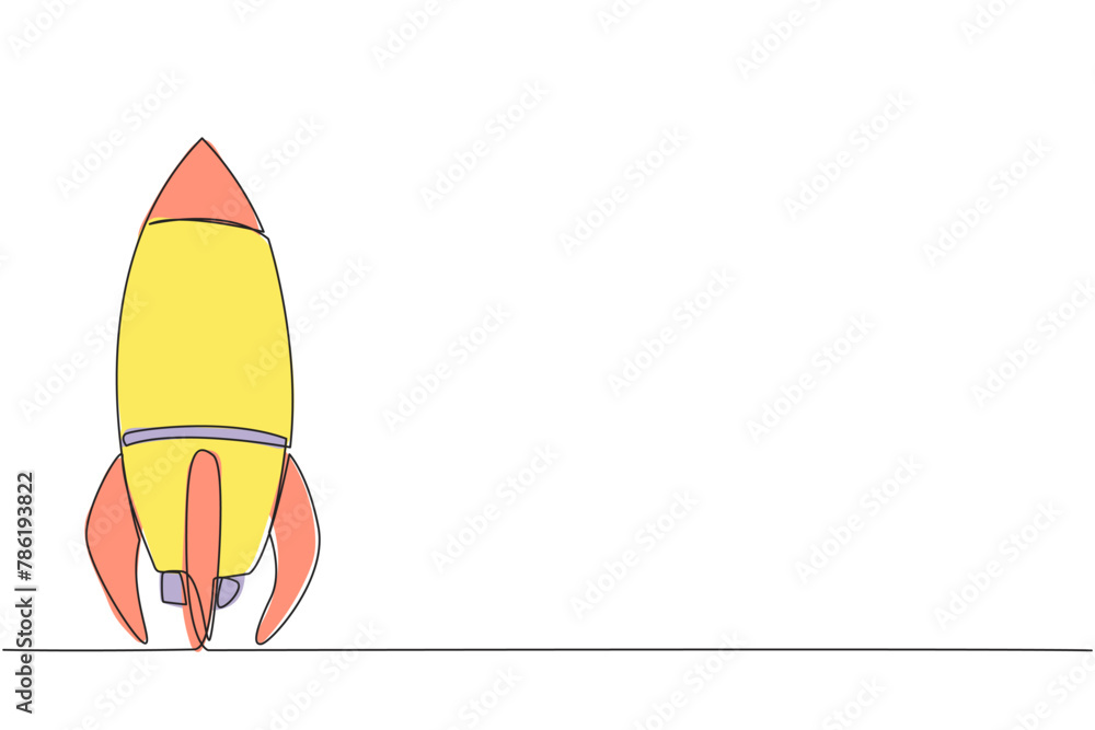 Poster continuous one line drawing rocket is in standby position. a special vehicle used by astronauts to g