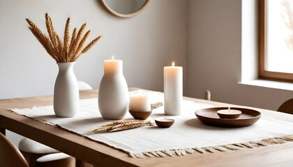 Obraz na płótnie Canvas Clean Aesthetic Scandinavian style table with decorations. Zen. Spiritual 