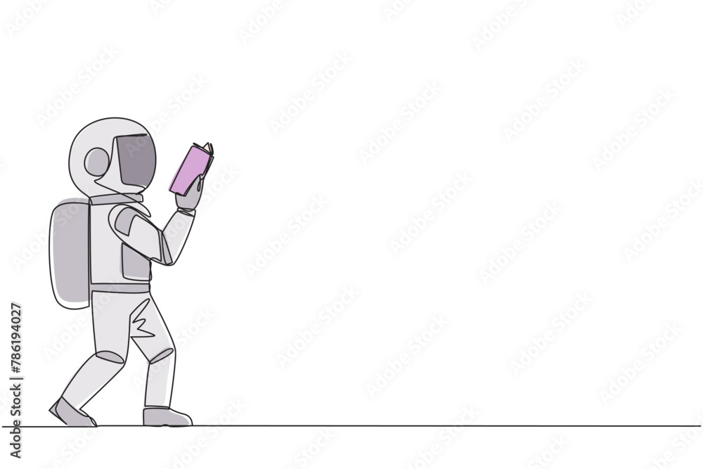Poster single one line drawing astronaut walking reading the book. gesture of memorizing something from a b