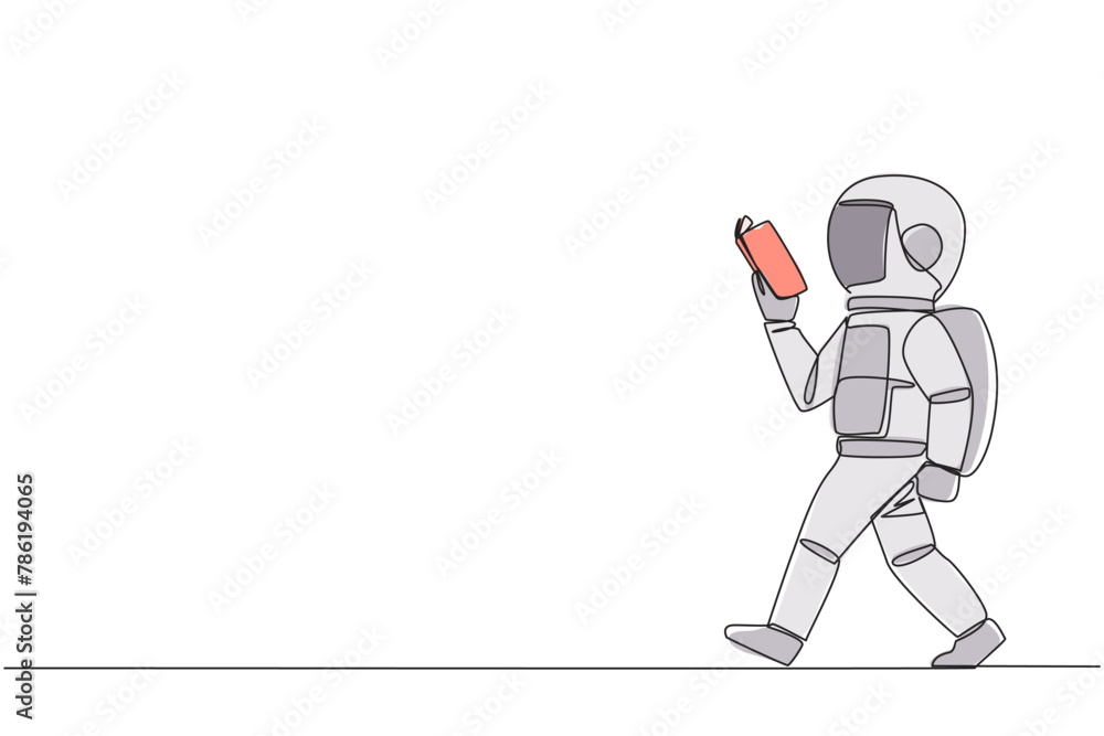 Poster continuous one line drawing astronaut walking to the left reading book. gesture of memorizing someth
