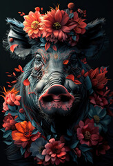 warthog with flower headwrap for prints  - obrazy, fototapety, plakaty