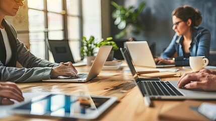 people sitting around a conference table, using laptops and tablets, and collaborating on projects