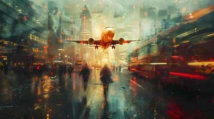 A collage of images showcasing different modes of transportation in motion, such as cars, bicycles, and airplane - obrazy, fototapety, plakaty