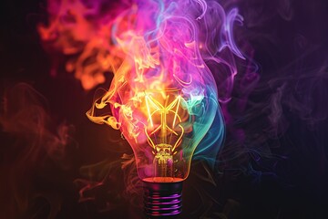 Light bulb with colorful smoke, black background, vibrant colors. Burning lamp in a dark. Glowing effect. Concept of idea, innovation, business creativity. Advertising poster template. Art wallpaper - obrazy, fototapety, plakaty