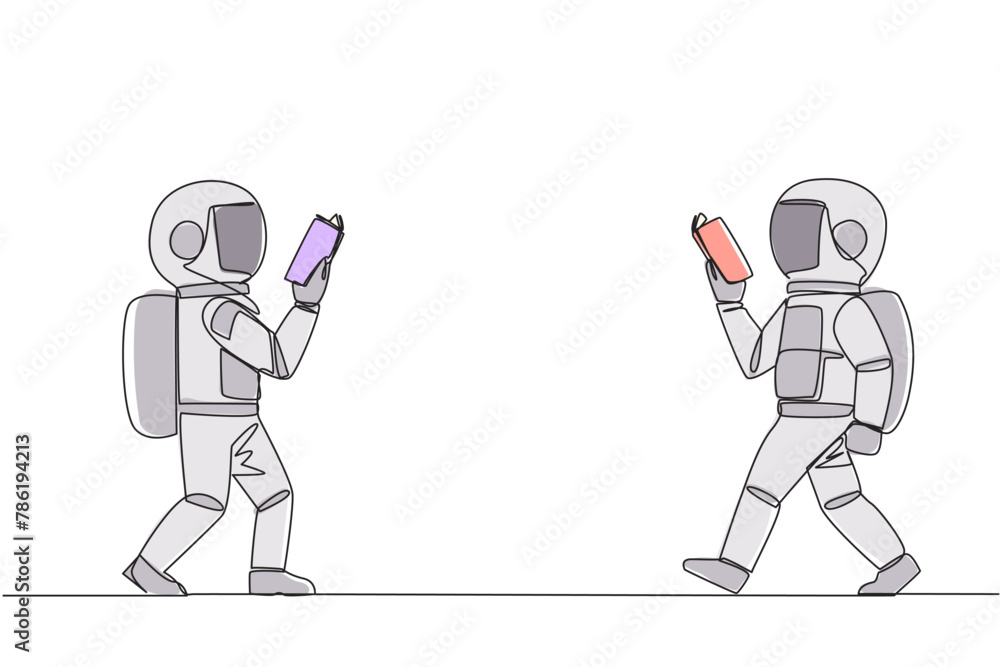 Poster single continuous line drawing two astronauts walking face to face reading books. gesture of memoriz