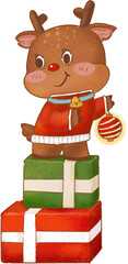 Drawing of a reindeer character with a gift box