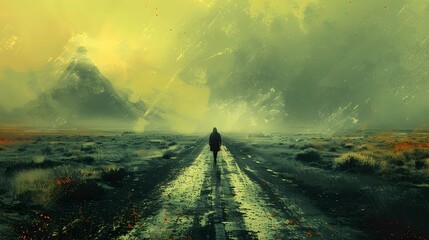 A graphic illustration of a lone figure walking down a deserted road, representing the journey of loneliness - obrazy, fototapety, plakaty