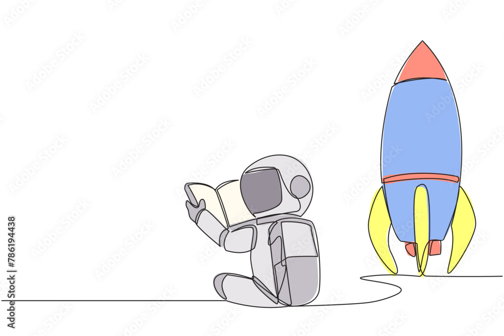 Aufkleber continuous one line drawing sitting reading a book next to the rocket. read the complete guide befor