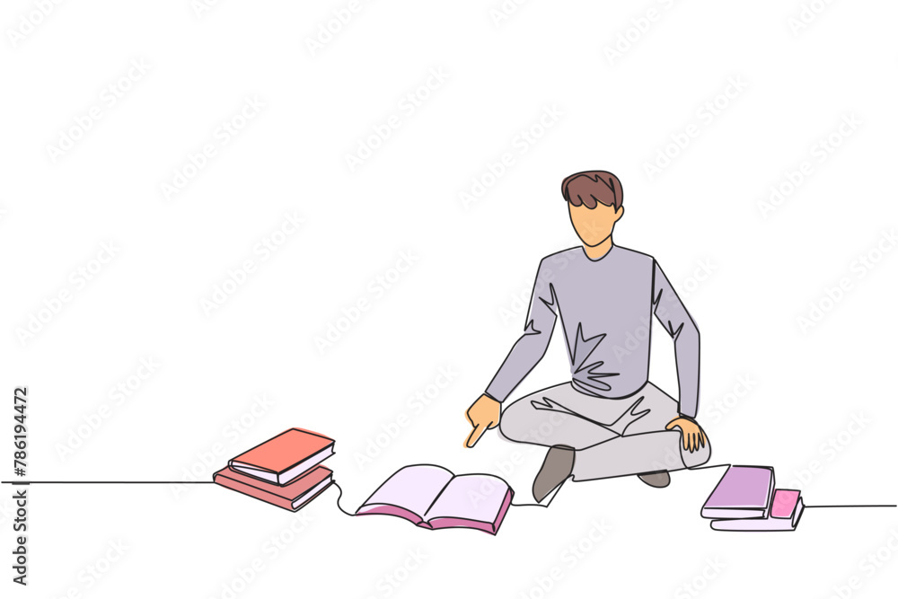 Aufkleber single continuous line drawing man reading the books happily. good reading interest. really enjoy re