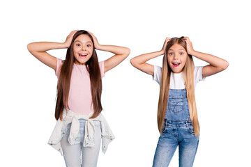 Portrait of two people nice cute amazed attractive charming cheerful funny straight-haired pre-teen...