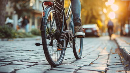 Bicycle commuting in a city, showcasing an eco-friendly lifestyle choice for sustainable urban...