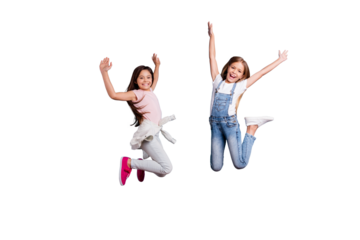 Full length body size view of two people nice lovely attractive charming cheerful crazy careless straight-haired pre-teen girls rejoicing overjoy cool day isolated over blue pastel background