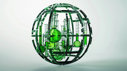 Beaker and flask silhouette sphere in green shades, a visual merge of chemistry and art.