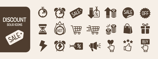 21 solid icon set for discounts and sales