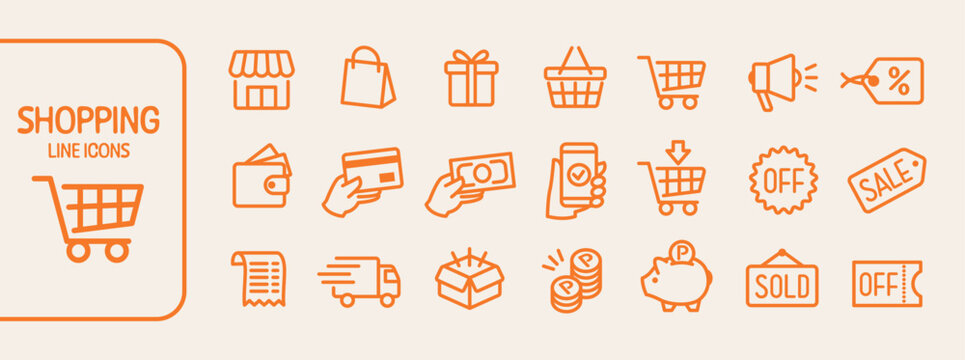 21 line icon set of shopping