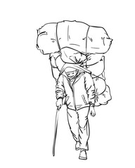 Porter in nepal is carrying extremely big load in traditional way with strap on his forehead, Hand drawn line illustration isolated, Vector sketch