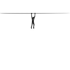 Silhouette of a man hanging on a rope, grabs it with both hands, Rope stretched at a great height, Hand drawn illustration, Vector sketch