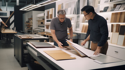 designers of interior standing by desk and choosing fabric samples for one of the new orders while working in the studio